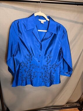 dressbarn Royal Blue Button-Front Embroidered Blouse